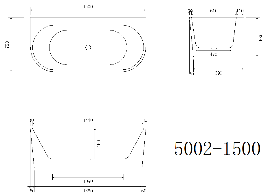 Back to wall Bathtub WITHOUT OVERFLOW Freestanding Acrylic White