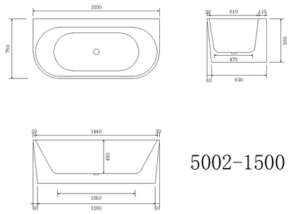 Back to wall Bathtub WITHOUT OVERFLOW Freestanding Acrylic White