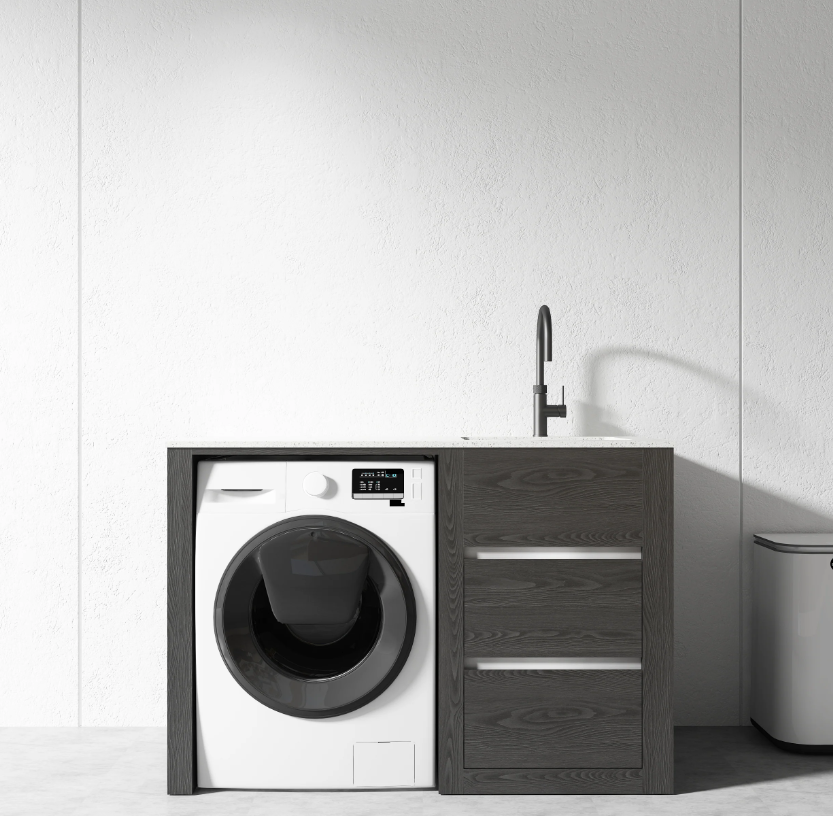 Free Standing PLYWOOD LAUNDRY STATION CABINET & MARBLE BENCH-MATTE BLACK