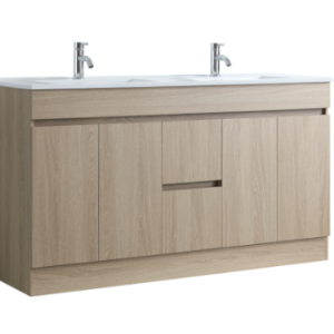 DNF 1500D LIGHT OAK Floor Standing Plywood VANITY WITH DOUBLE BASIN - POLY MARBLE